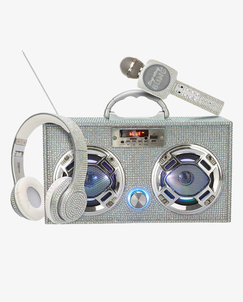 Bling Bundle-Wireless Boombox, Karaoke Microphone, & Headphones-Silver