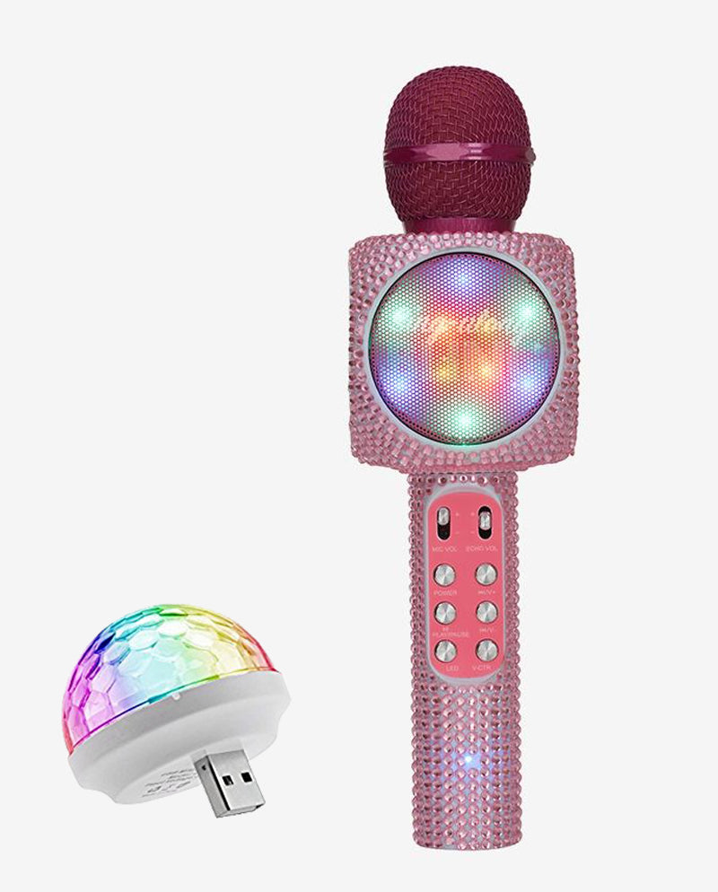Sing-along Pink Bling Karaoke Microphone & Bluetooth Speaker All-in-one w/ USB Disco Ball