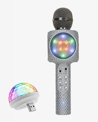 Sing-along Silver Bling Karaoke Microphone & Bluetooth Speaker All-in-one w/ USB Disco Ball